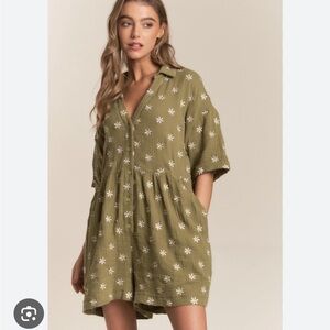 Floral Olive Green Women's Romper with Pockets Muslin Material Size S